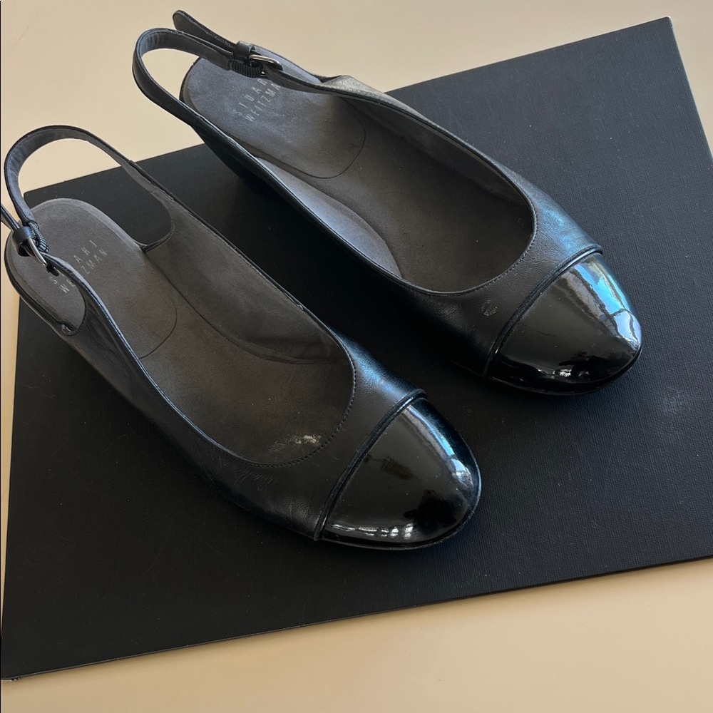 Stuart Weitzman Black Patent Cap Toe Slingback Flats